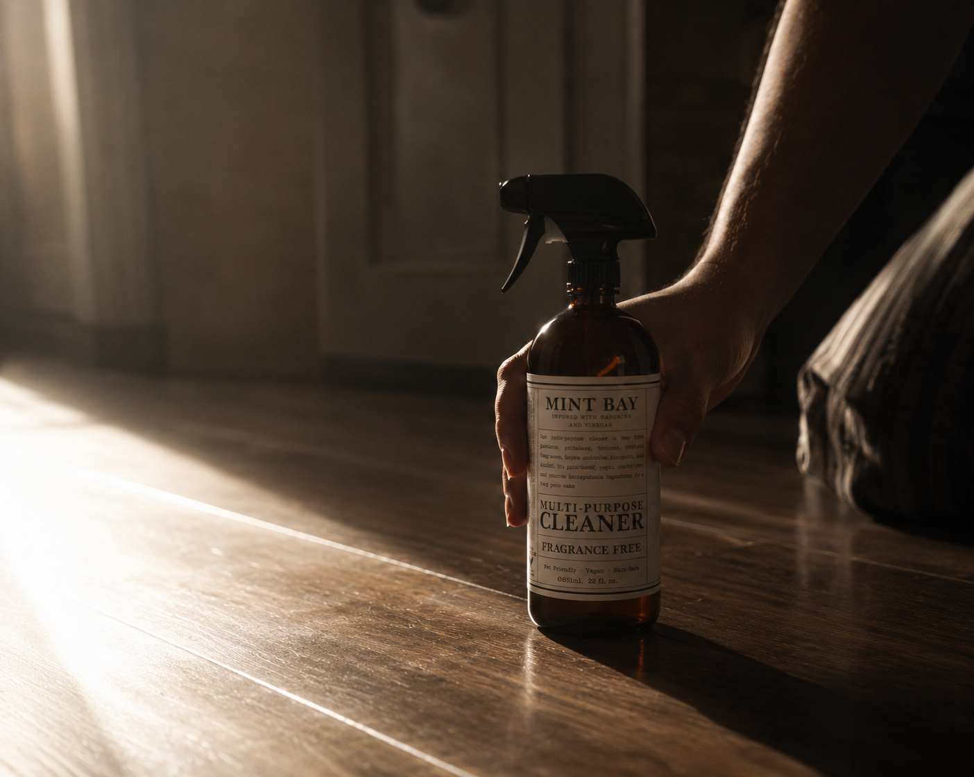 Person holding a bottle of Mint Bay Multi-Surface Cleaner on a wooden floor.
