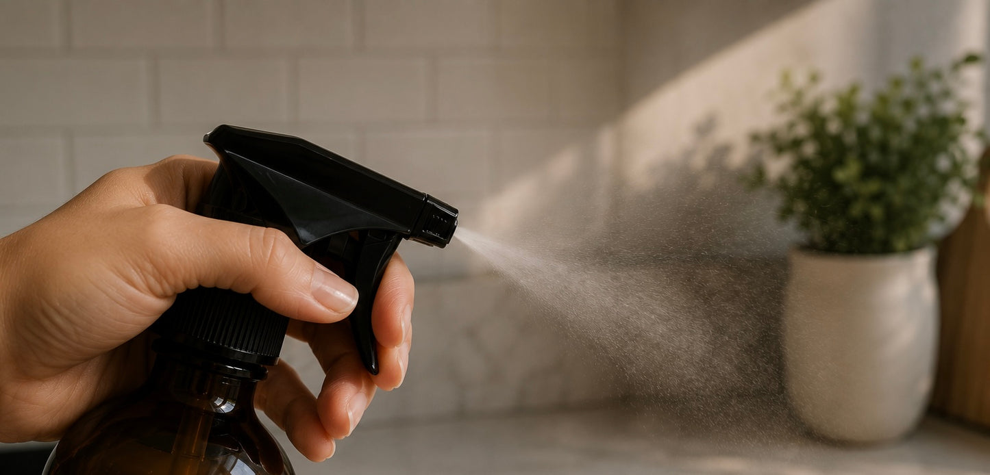 Hand holding a black spray bottle with mist being released, against a neutral background with a plant.