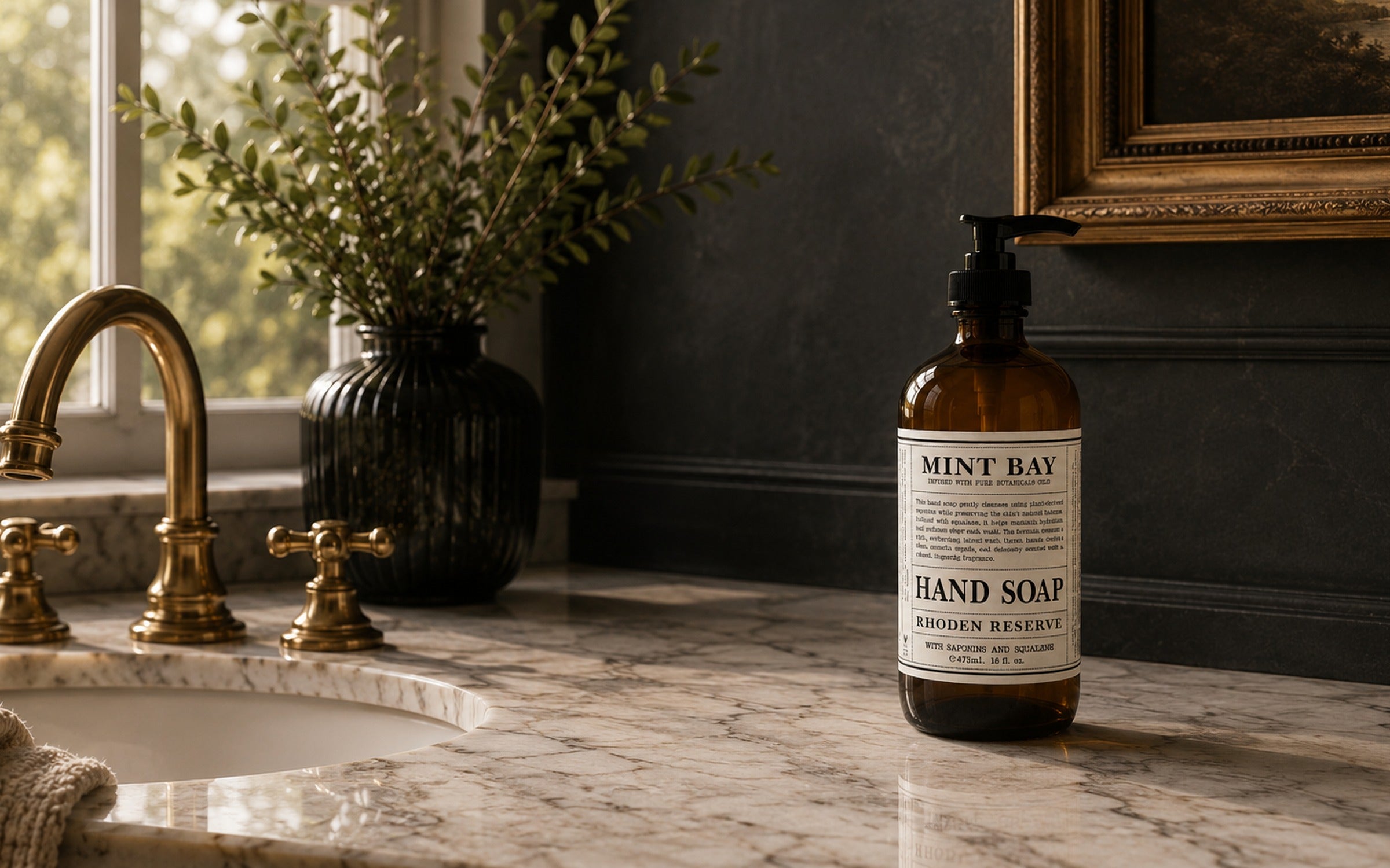 Mint Bay Rhoden Reserve Botanical Hand Soap in a luxury amber bottle for refined hand cleansing