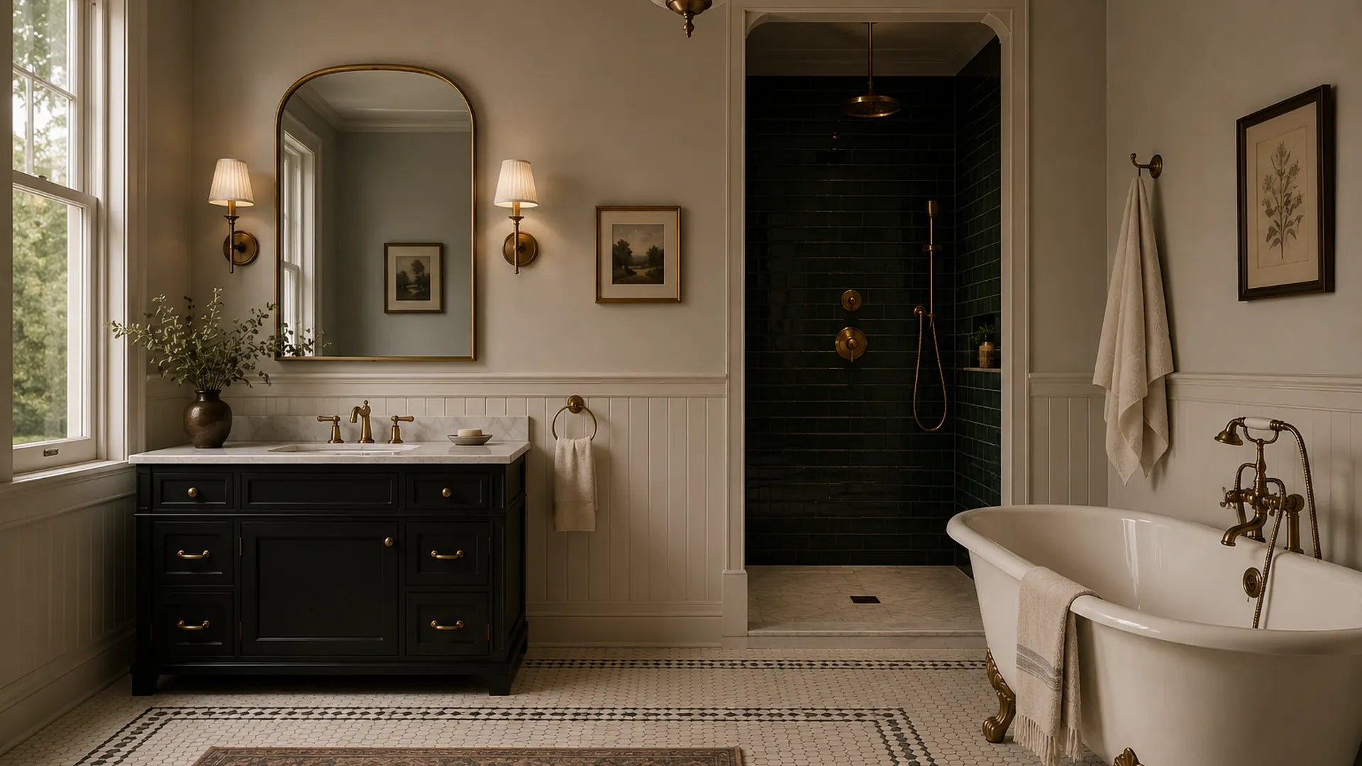 Victorian-style luxury bathroom interior with clawfoot tub and brass fixtures 